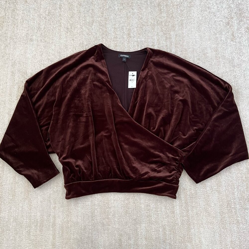 NWT Express Surplice Faux Wrap Brown Velvet Blouse Top S